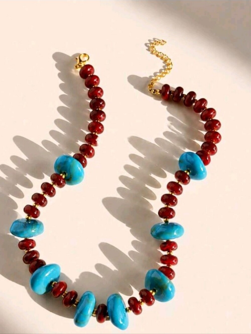NEW! Bold Turquoise & Red Chunky Beaded Statement Gold Necklace